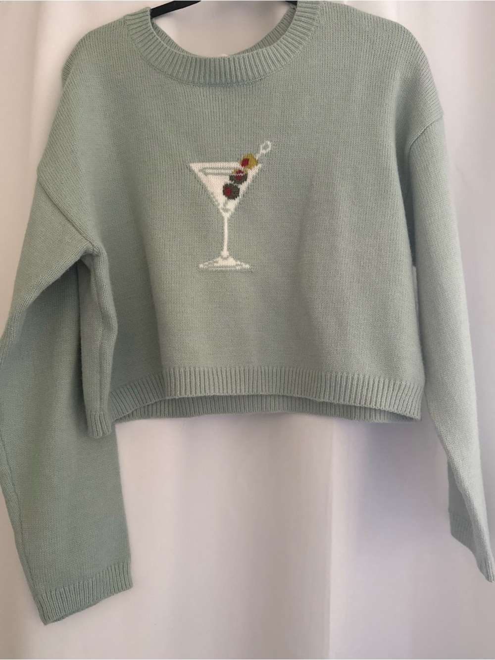 Maxine of Hollywood Mint Green Martini Intarsia Cropped Crewneck Sweater